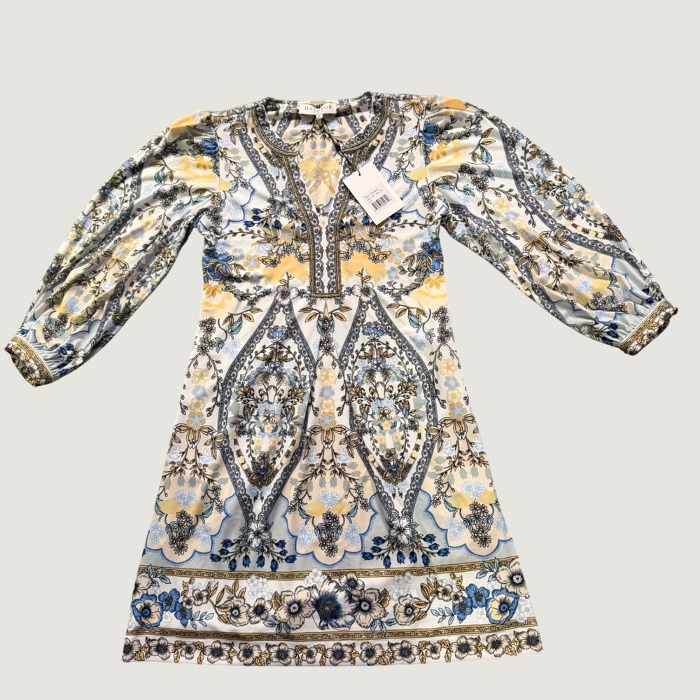 Hale Bob Mini Dress Size S Boho Paisley Beaded V-Neck Long Sleeve Ivory New